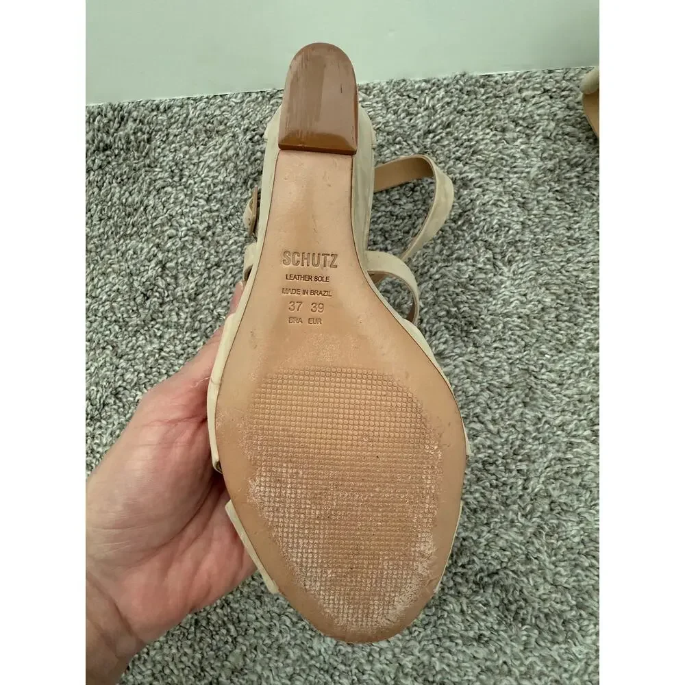 Schutz Wedge Strappy Sandals Beige Nubuck Size 8